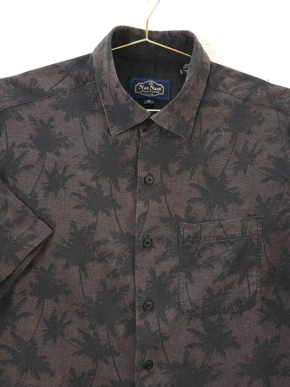 Nat Nast Shirt Mens Medium Brown Silk Cotton Palm Tree Tropical Hawaiian Aloha